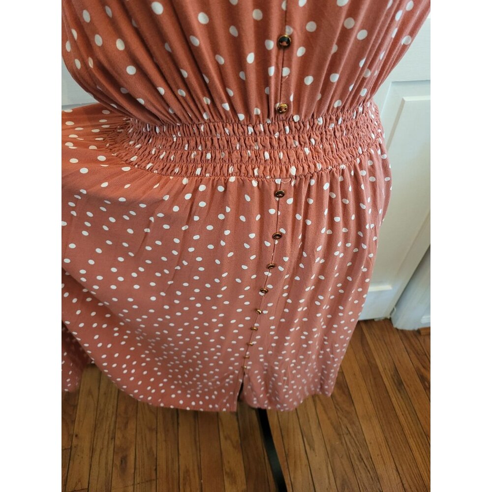 50s Inspired Terracotta Polka Dot Rayon Dress  M Smocked Waist Twee TradWife - Picture 3 of 5
